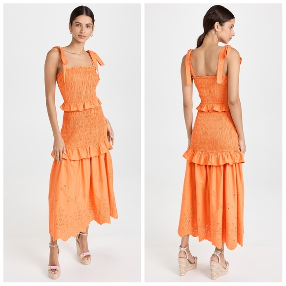 Endless Rose Orange Sunset Eyelet Smocked Maxi Sun Dress Small Sundress - Picture 1 of 10
